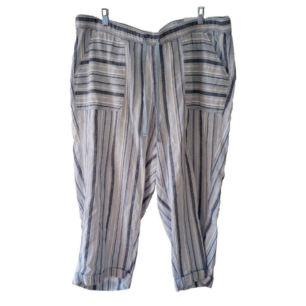 Lane Bryant Wide Leg 18 Crop Pants Linen Blend Blue White Metallic Stripe NWT